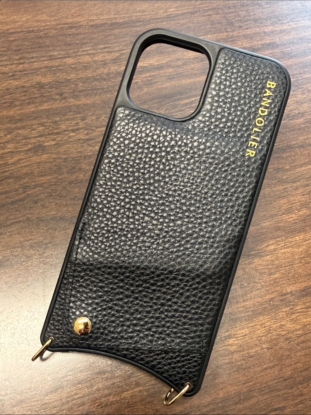 Bandolier Emma Black Pebble Leather Crossbody Case for 12/12 Pro with Strap - Picture 9 of 15